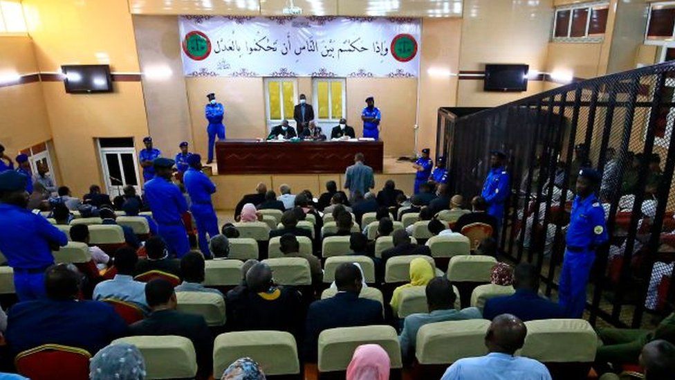 A general view shows the trial of Sudan's ousted president Omar al-Bashir along with 27 co-accused at the Khartoum courthouse