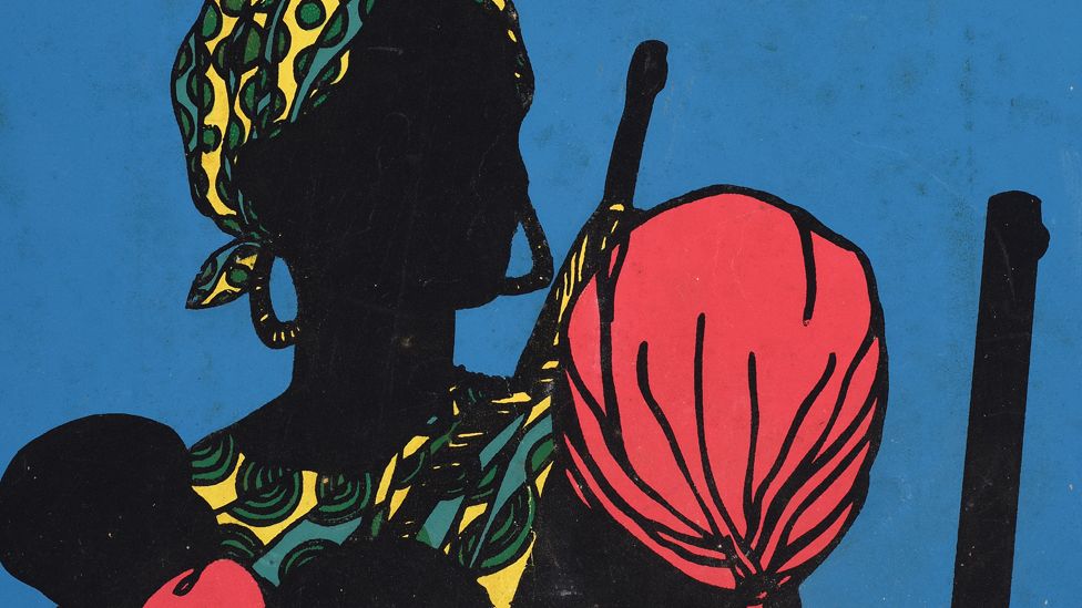 An Ospaaal poster called After Emory Douglas, 1968 showing women in headscarves with babies and guns