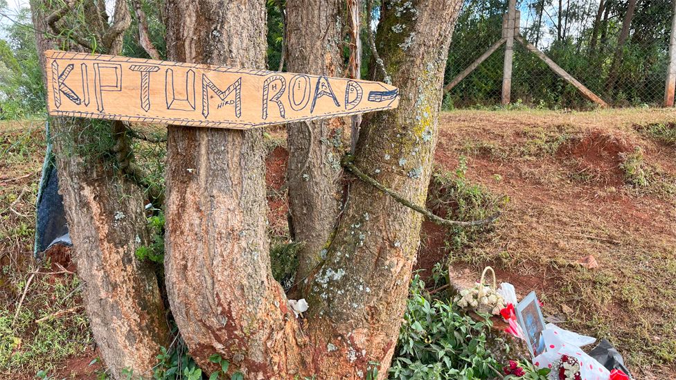 A sign nailed to a tree saying "Kiptum Road" in western Kenya