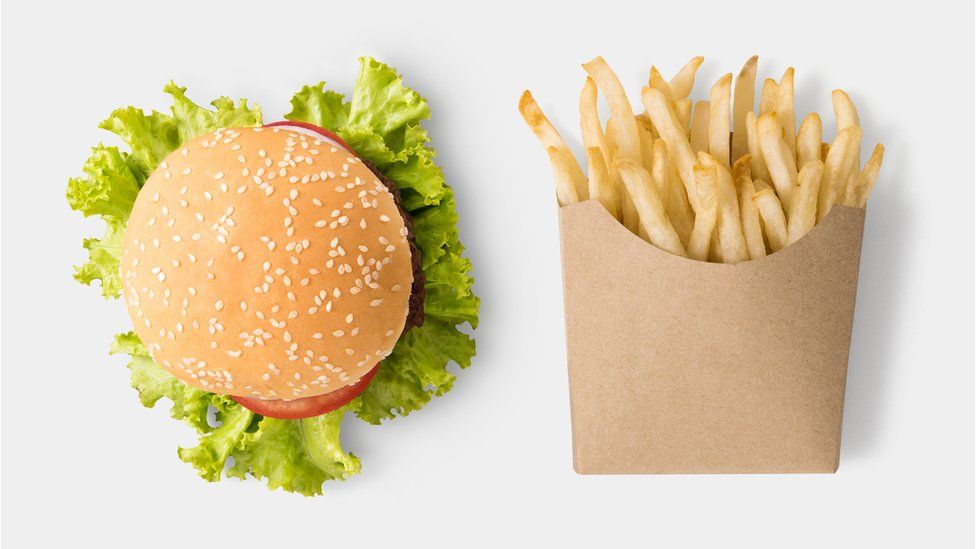 Take-away burger and chips