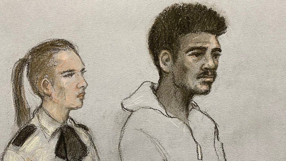 Court artist sketch by Elizabeth Cook of footballer Mason Greenwood appearing in the dock at Manchester Magistrates' Court