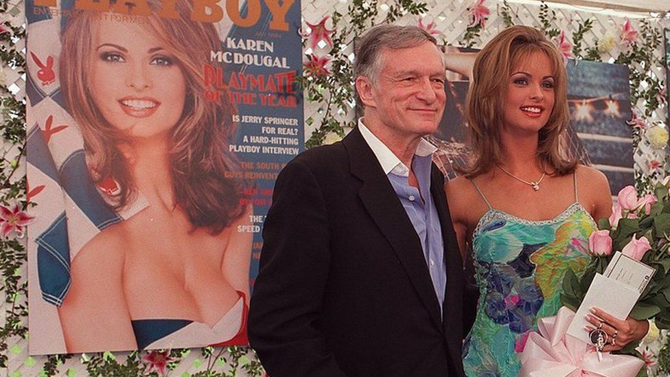 Beverly Hills, Ca Hugh Hefner and Playmate of the Year Karen McDougal at the Playboy Mansion.