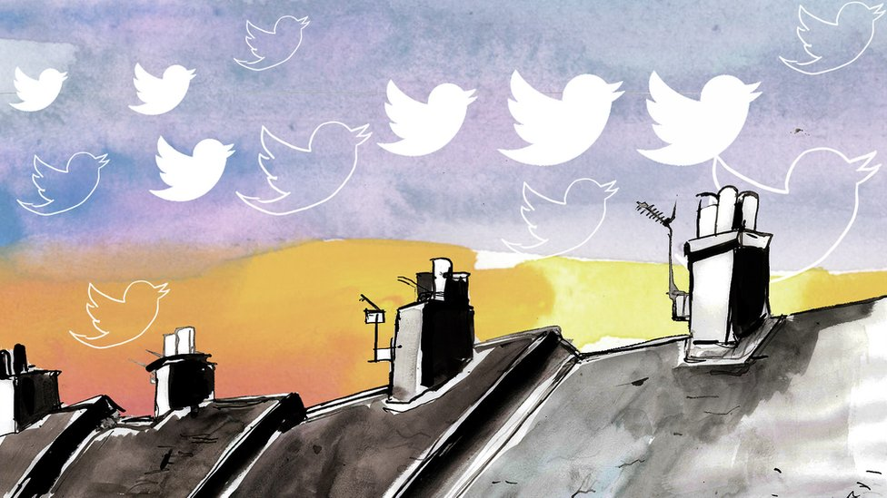 A BBC illustration showing a flock of the birds shaped like the Twitter logo flying over a row of houses