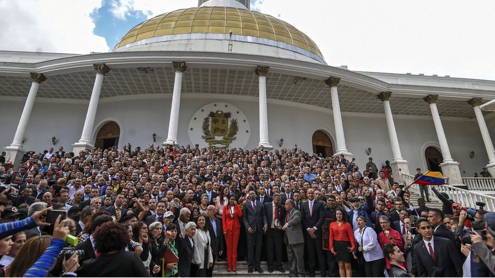 Members of the Constituent Assembly pose outside the National Congress during the Assembly's installation in Caracas on August 4, 2017.