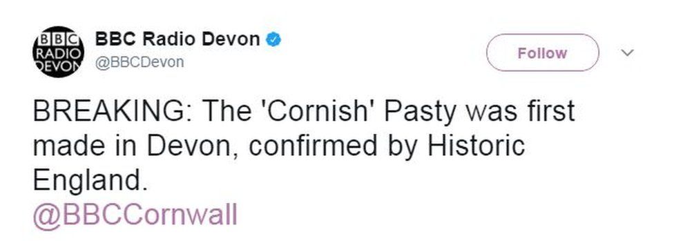 BBC Radio Devon tweet: "BREAKING: The 'Cornish' Pasty was first made in Devon, confirmed by Historic England"