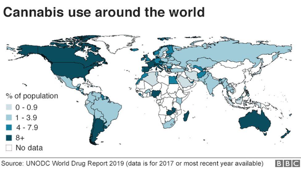 A map showing cannabis use around the world