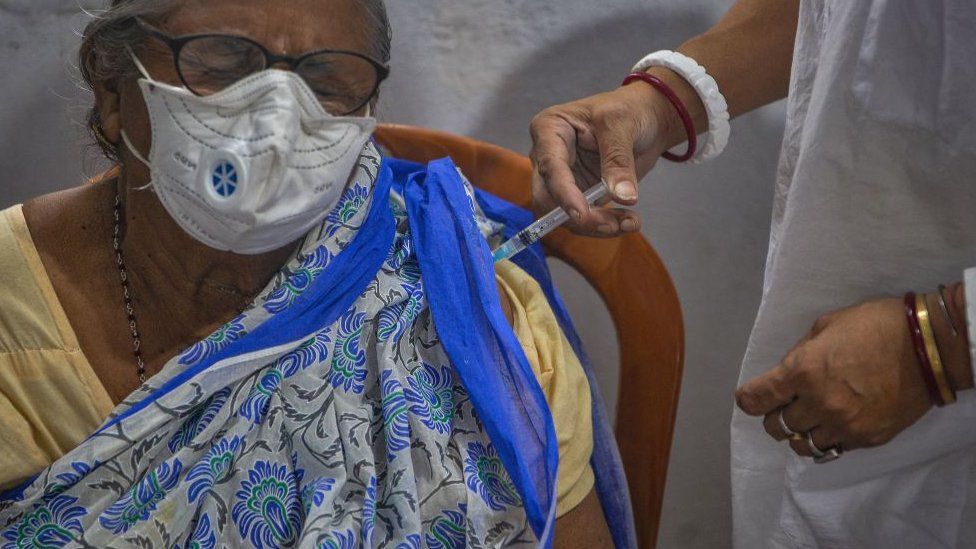 An elderly woman in Siliguri gets the Covid-19 vaccine