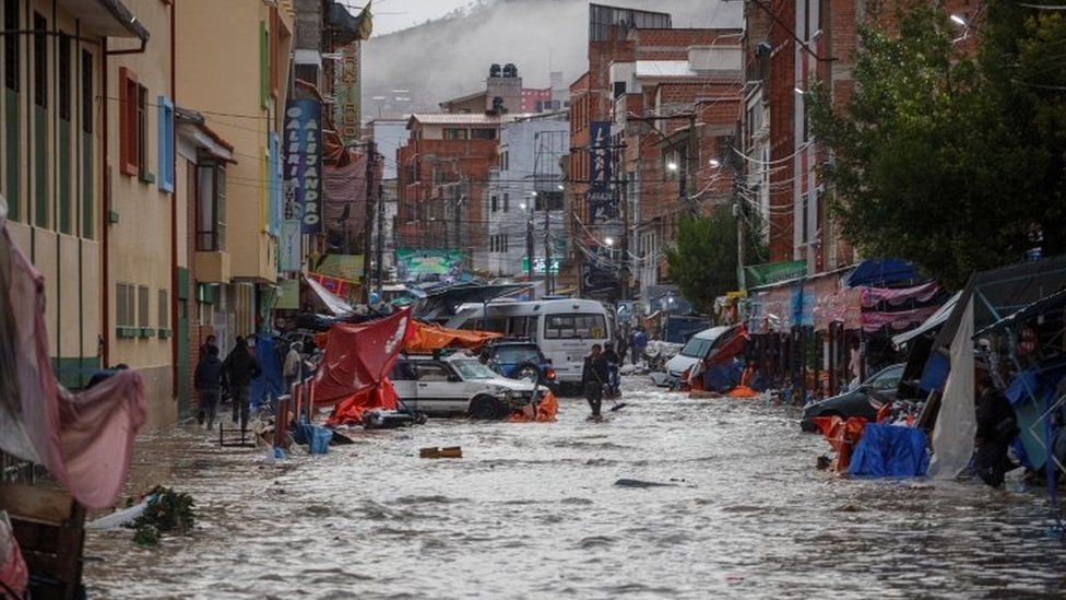 A street flooded by heavy rains is seen in Sucre, Bolivia January 4, 2021.