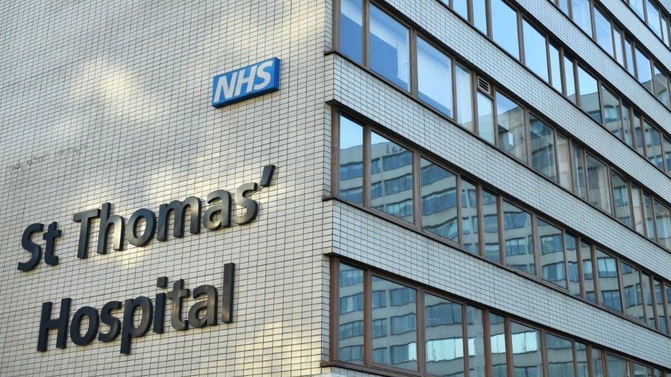 File image showing the St Thomas' Hospital sign of the side of a tiled hospital building with windows