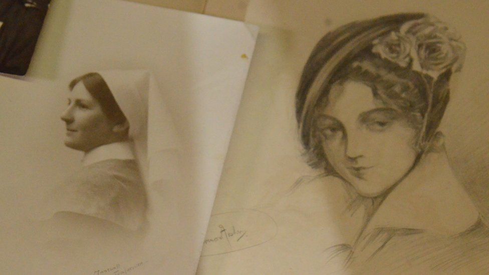 Nurse Norman as depicted in a soldier's sketch and photograph