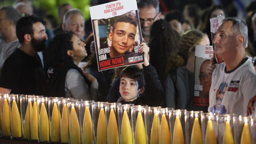 hostage famiies light candles in tel aviv, 7 dec