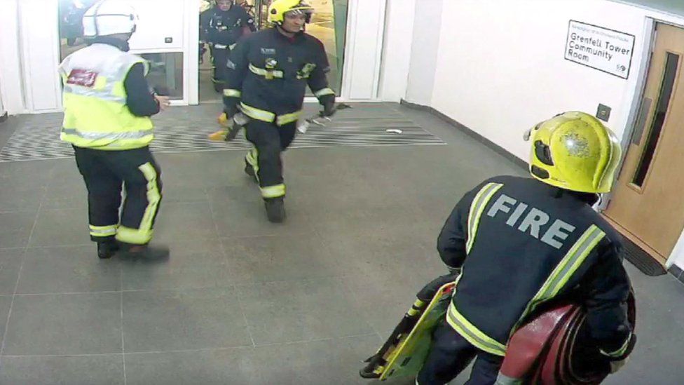 First firefighters arriving at Grenfell Tower fire