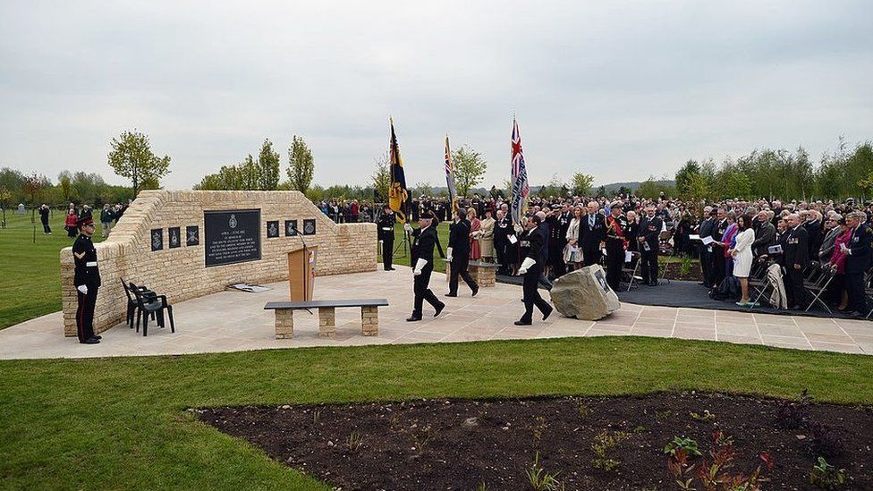 Veterans gathered at the Falklands War Memorial at the National Memorial Arboretum on 20 May 2012