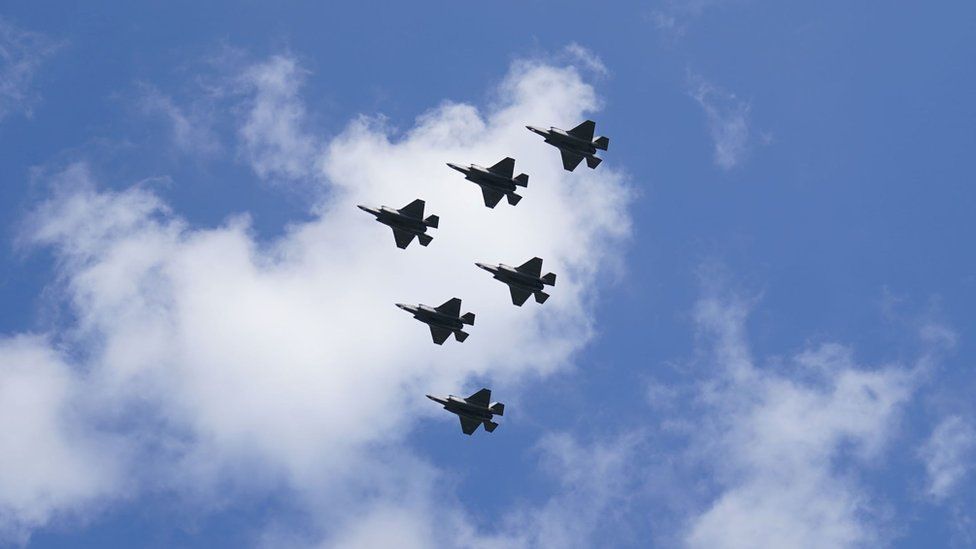 Flypast rehearsal over Lincolnshire featuring jets against white clouds