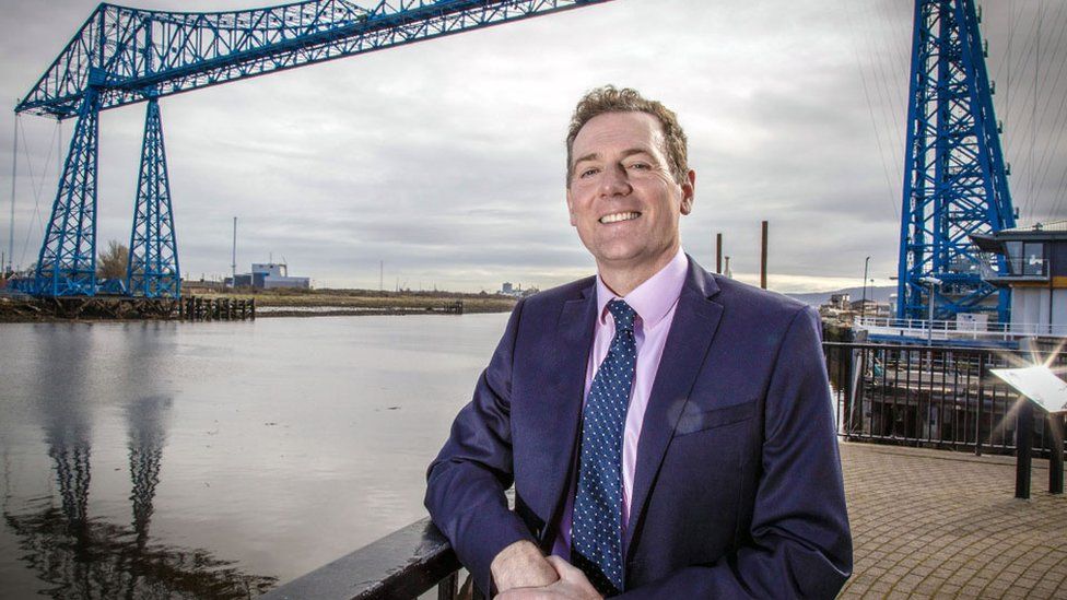 Independent Middlesbrough Mayor Andy Preston in front of the Transporter Bridge, Middlesbrough