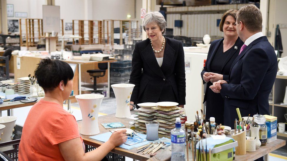 The PM and the DUP leader visited Belleek Pottery near the Irish border on Thursday