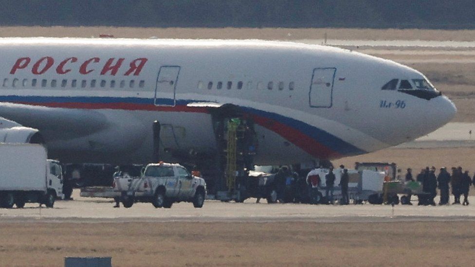 Russian plane collecting expelled diplomats from Dulles international airport in Chantilly, Virginia, US
