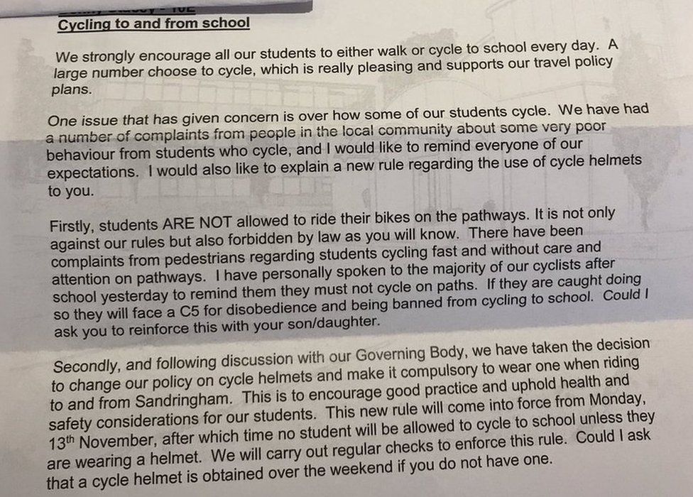 Sandringham School letter