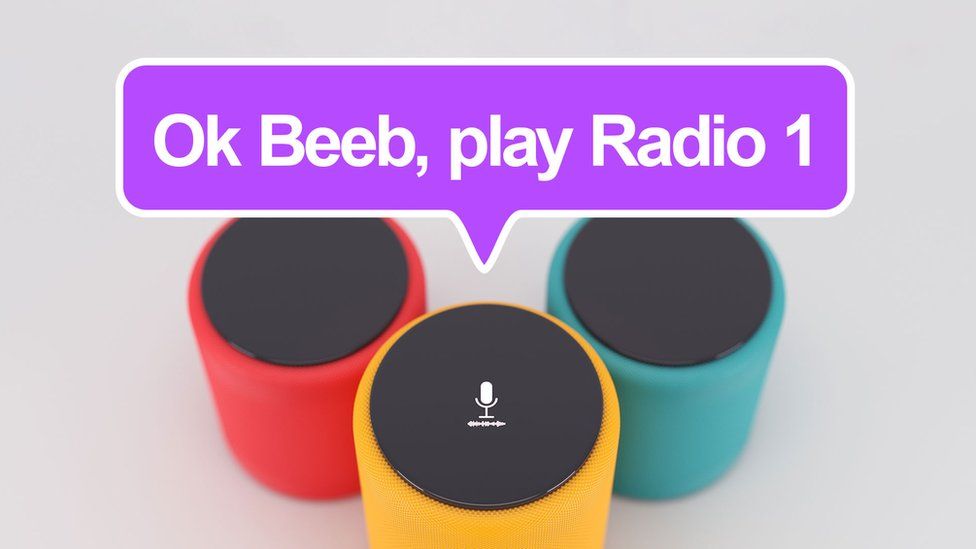 A photo illustration shows a floating speech bubble over three smart speakers, with the speech bubble reading "Ok Beeb, play Radio 1"