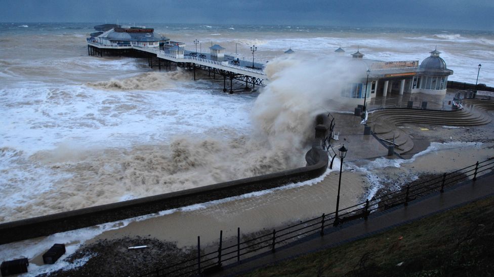 High waves lashing Cromer Pier in Norfolk