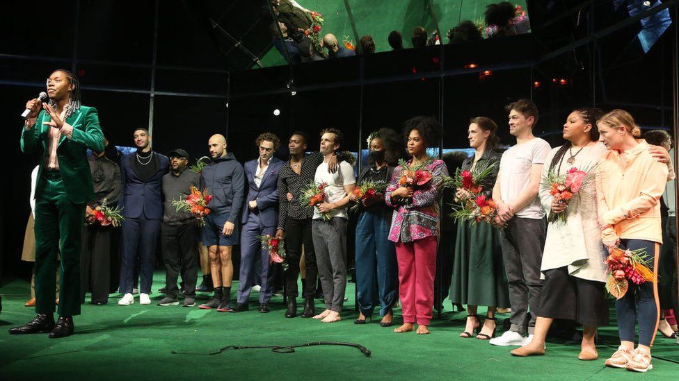 Playwright Jeremy O. Harris and the cast during the re-opening night curtain call for "Slave Play" on Broadway at The August Wilson Theater on December 2, 2021 in New York City.