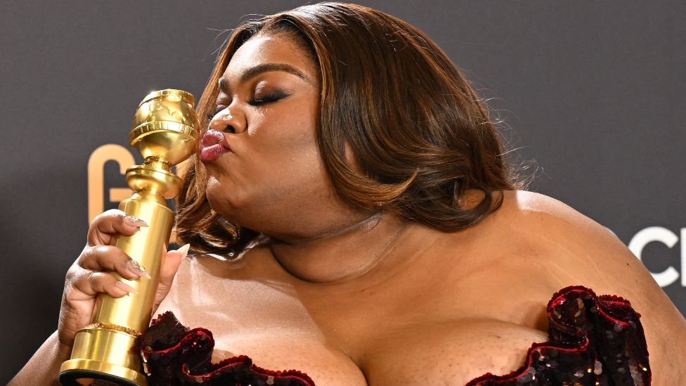 US actress Da'Vine Joy Randolph poses with the award for Best Performance by a Female Actor in a Supporting Role in any Motion Picture for "The Holdovers" in the press room during the 81st annual Golden Globe Awards at The Beverly Hilton hotel in Beverly Hills, California, on January 7, 2024