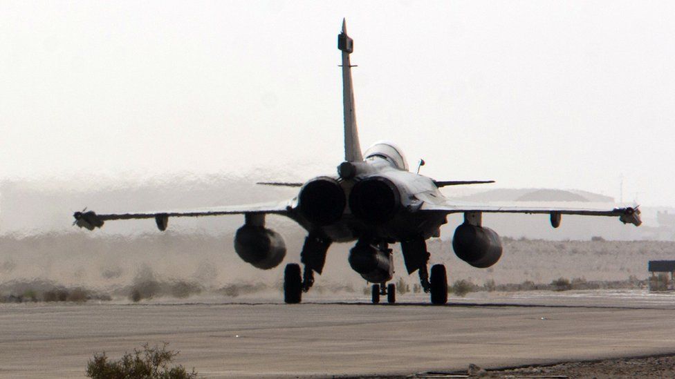 French army Rafale fighter taking off from base in Gulf for Syria reconnaissance mission. 8 Sept 2015