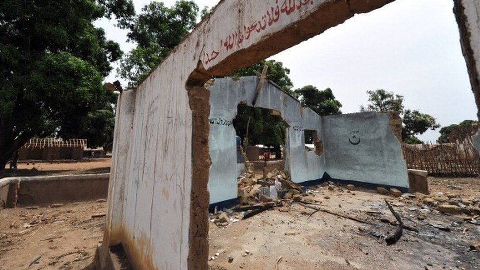 Photo taken on March 7, 2014 shows a mosque reportedly destroyed by Anti-balaka Christian militias in Boyobane, about 27km from Bozoum