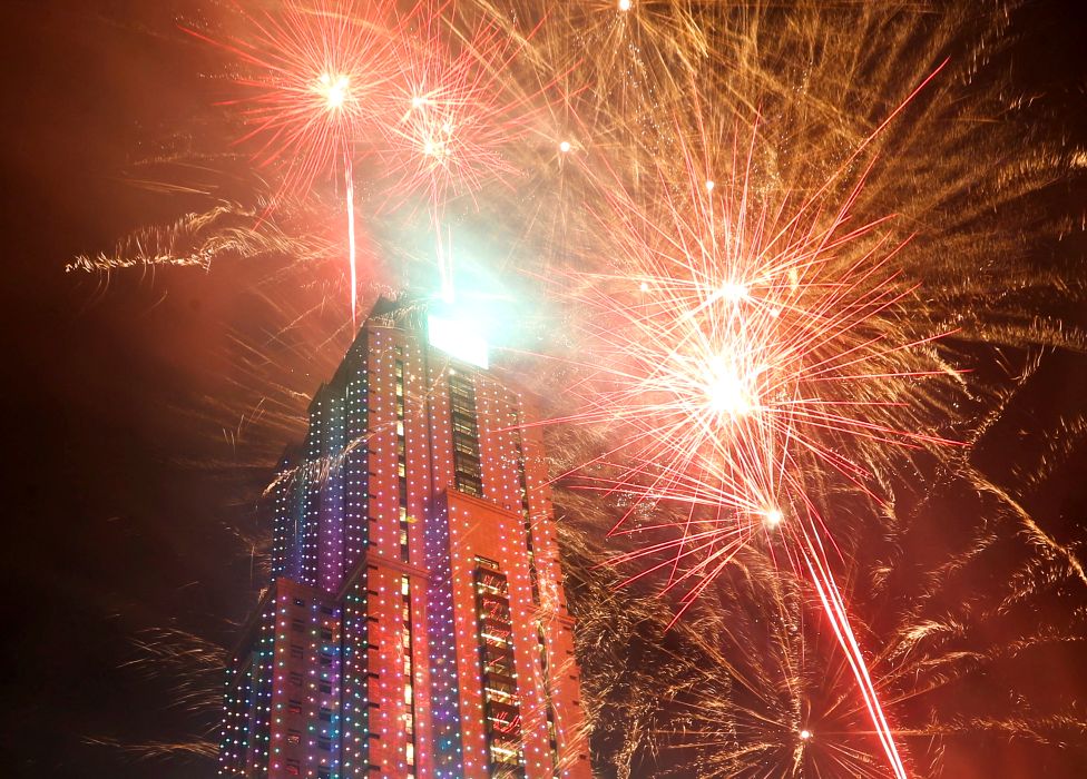 Fireworks explode over the UAP Old Mutual Tower Nairobi, Kenya - Saturday 1 January 2022