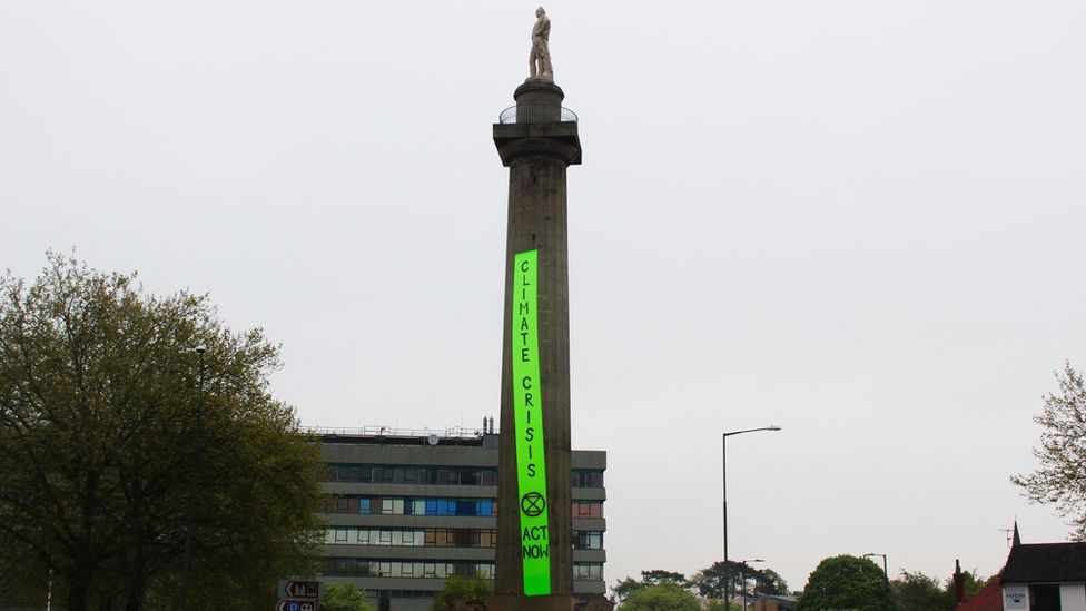 Lord Hill's Column with protest banner