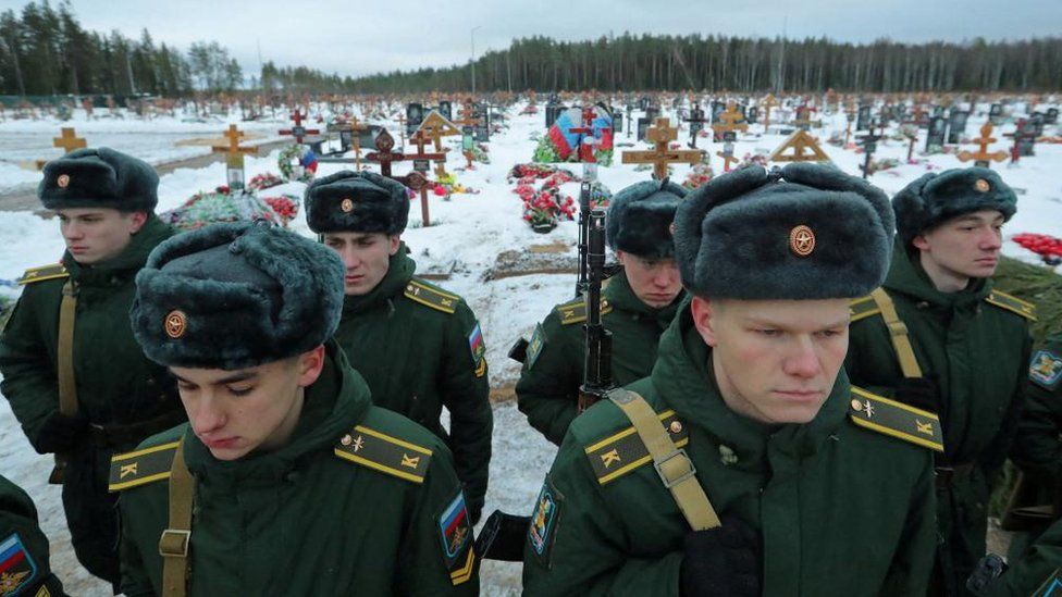 Cadets of a military academy attend the funeral of Dmitry Menshikov, a mercenary for the private Russian military company Wagner Group, killed during the military conflict in Ukraine, in the Alley of Heroes at a cemetery in Saint Petersburg,