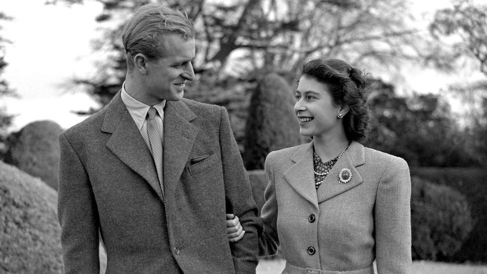 The Duke of Edinburgh and Queen Elizabeth II in 1947 on their honeymoon at Broadlands in Hampshire.