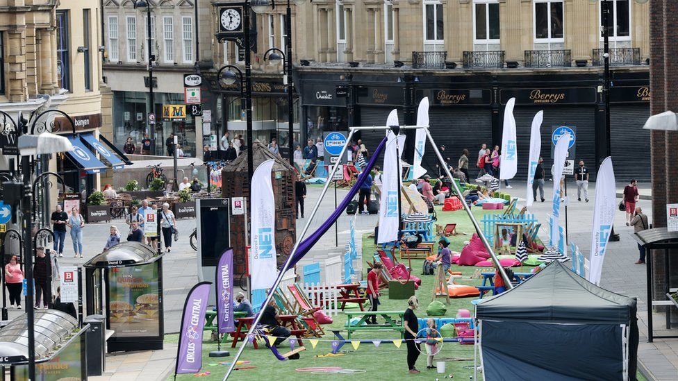 The plastic grass and seating in Newcastle city centre
