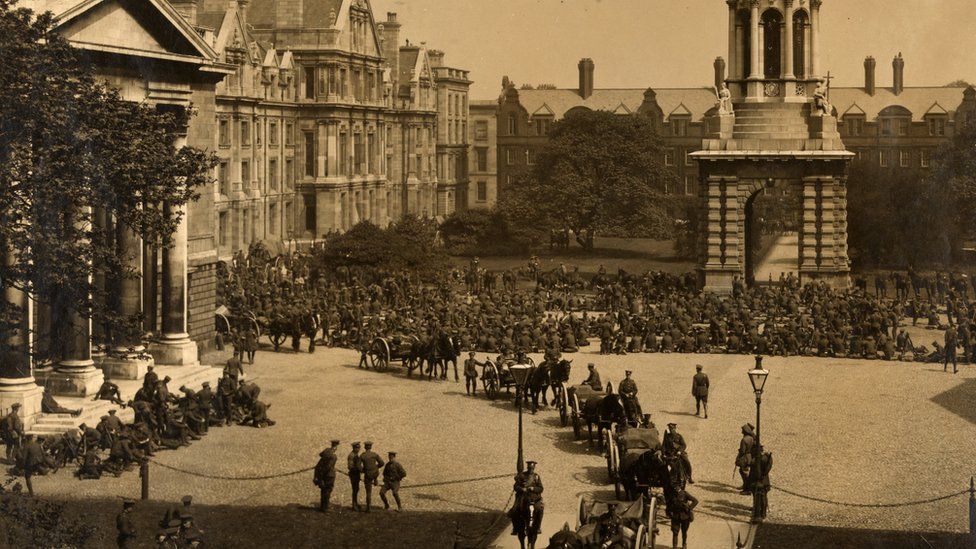 British soldiers parading in front square of Trinity College Dublin in the aftermath of the Easter Rising