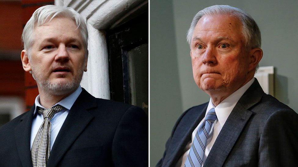 Two-part composite of Julian Assange, left, and Jeff Sessions, right