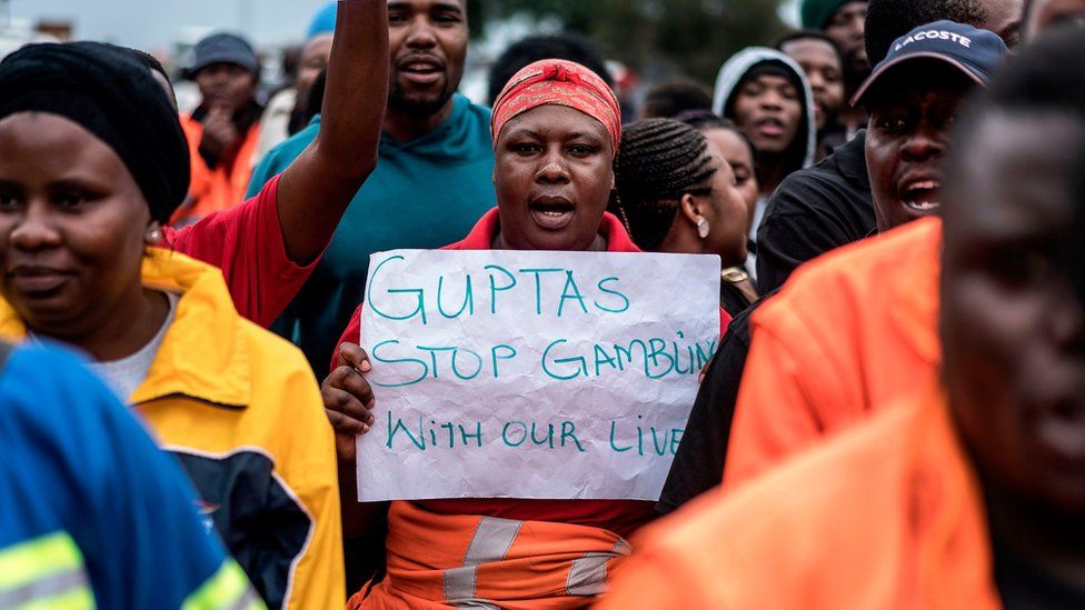 Employees of a Gupta-owned mine protest against the family