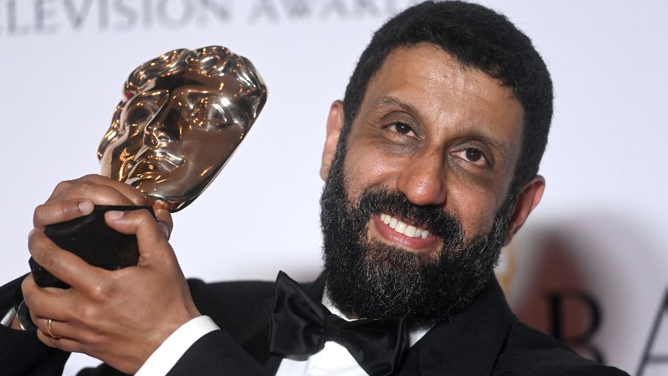 Adeel Akhtar with the Supporting Actor Award for his performance in 'Sherwood' during the 2023 BAFTA Television Awards with P&O Cruises at The Royal Festival Hall on May 14, 2023 in London, England