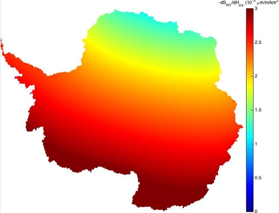 Gradient fingerprint map of Antarctic ice sheet showing the area likely to contribute to sea level increase in Cape Town
