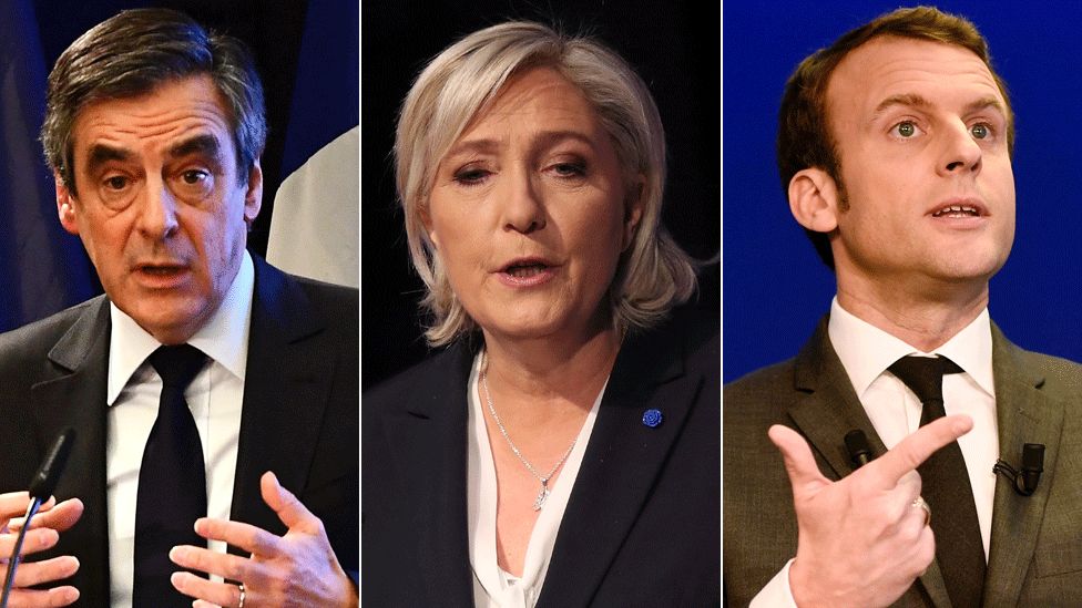 Francois Fillon of the Republicans, Marine Le Pen of the National Front and Emmanuel Macron of On The Move