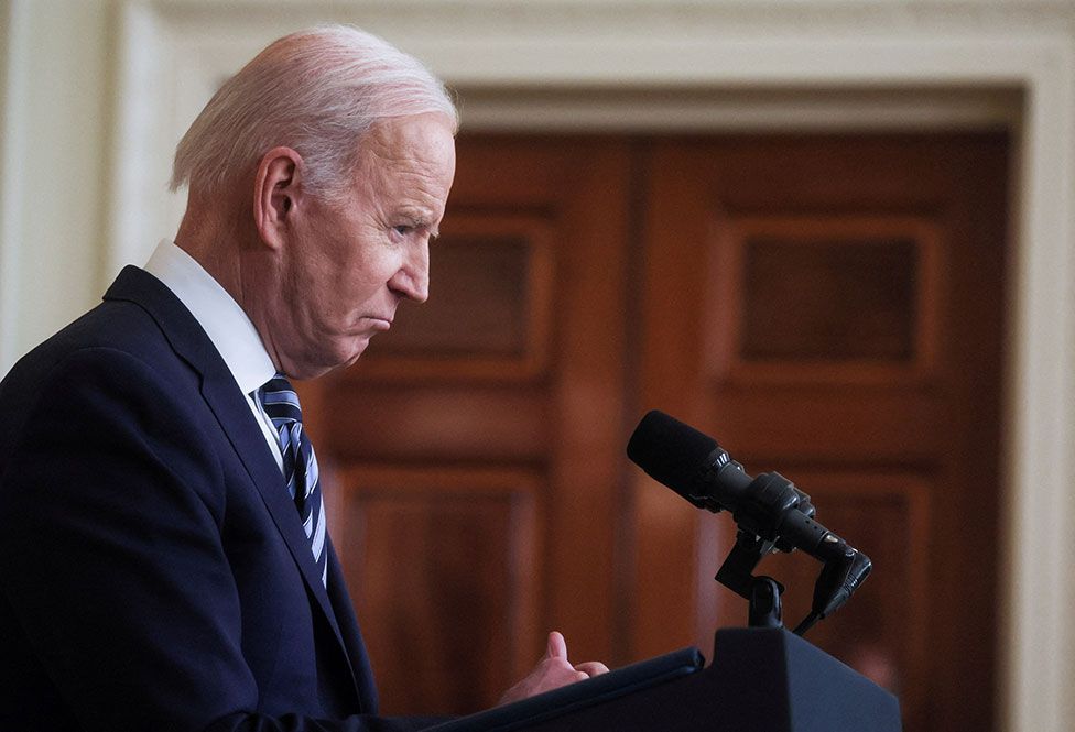 US President Joe Biden delivers remarks on Russia's attack on Ukraine, in the East Room of the White House in Washington, on 24 February 2022
