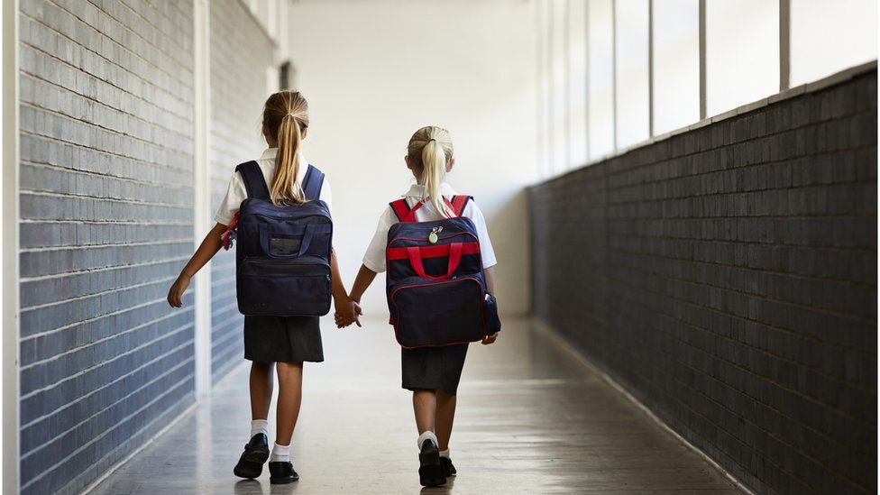 Two young girls walking hand in hand at school