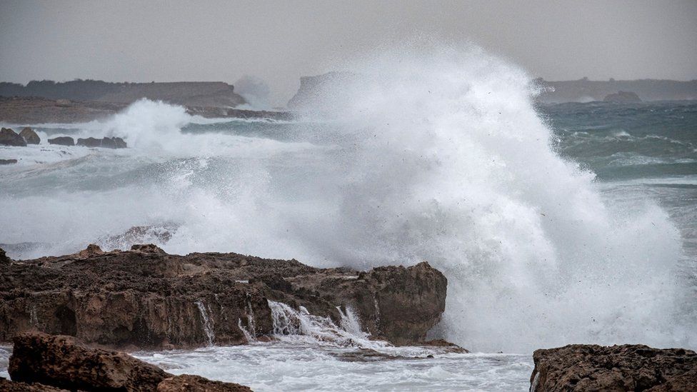 High waves at Cala de Bou, Ibiza, Balearic Islands, Spain