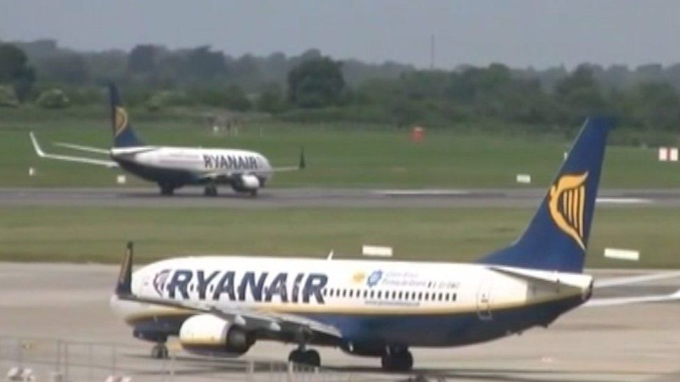 Ryanair planes at Stansted Airport.