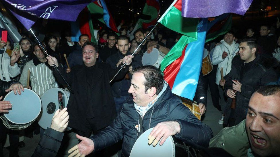 Crowds took to the streets of the capital Baku to celebrate Ilham Aliyev's fifth consecutive term