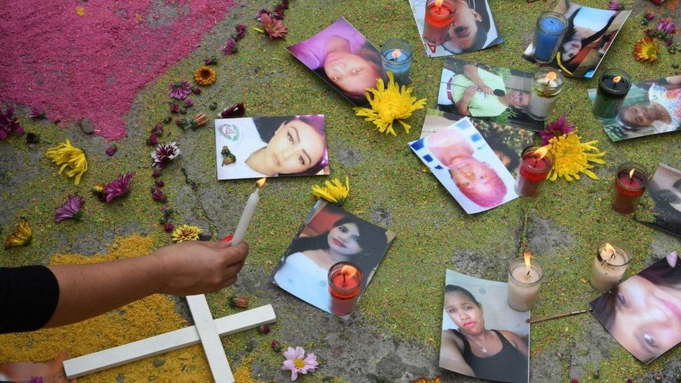 Photos of femicide victims during a protest in Tegucigalpa