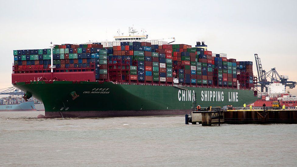 Large container ship, the Indian Ocean, of China Shipping Line, at the Port of Felixstowe, UK.