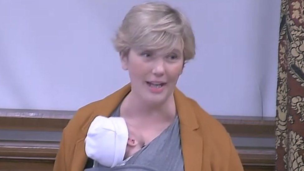 Stella Creasy with her son at Westminster Hall in September