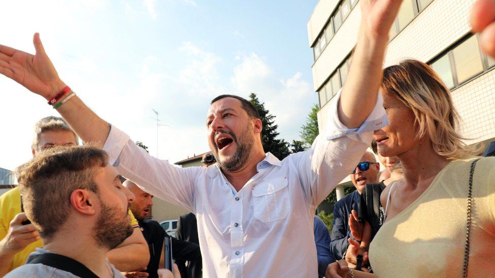 Italian Interior Minister Matteo Salvini (C) attends a local election rally in Cinisello Balsamo, near Milan, Italy, 17 June 2018