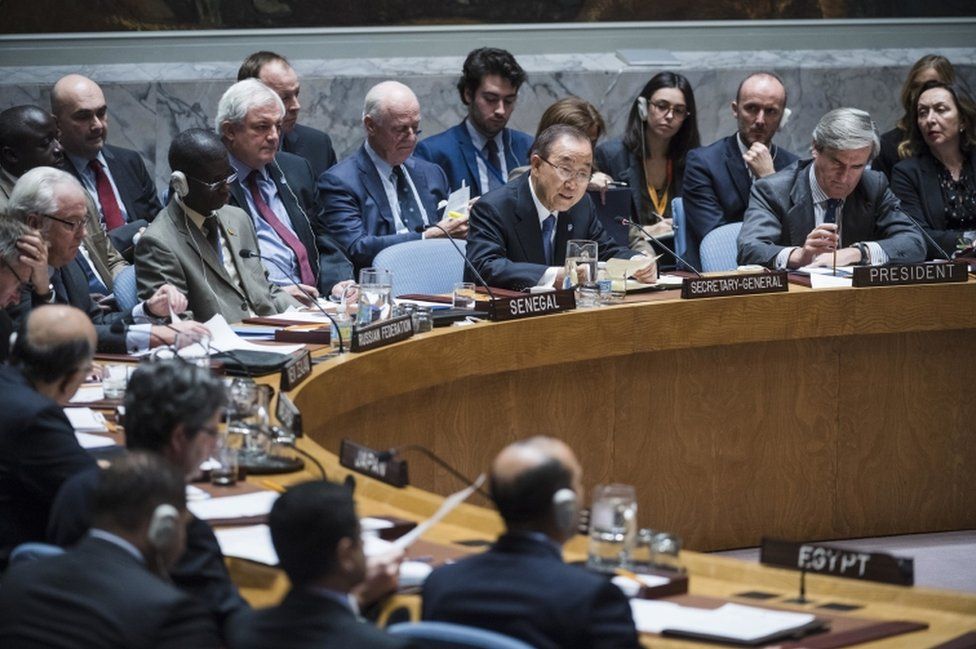 United Nations Secretary General Ban Ki-Moon addresses the Security Council during an emergency meeting on the situation in the Syrian city of Aleppo, on December 13, 2016.