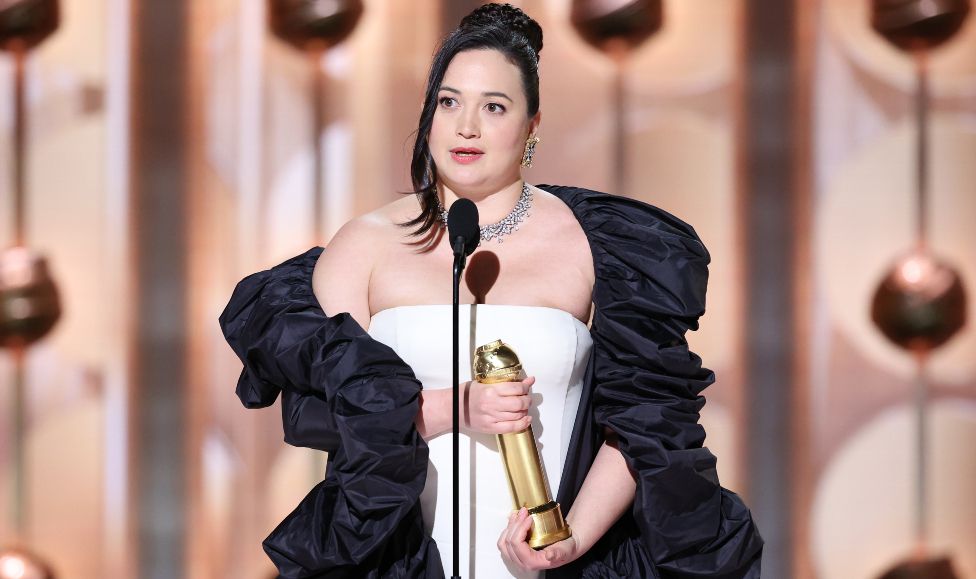 Lily Gladstone accepts award for Best Performance by a Female Actor in a Motion Picture Drama for "Killers of the Flower Moon" at the 81st Golden Globe Awards held at the Beverly Hilton Hotel on January 7, 2024 in Beverly Hills, California